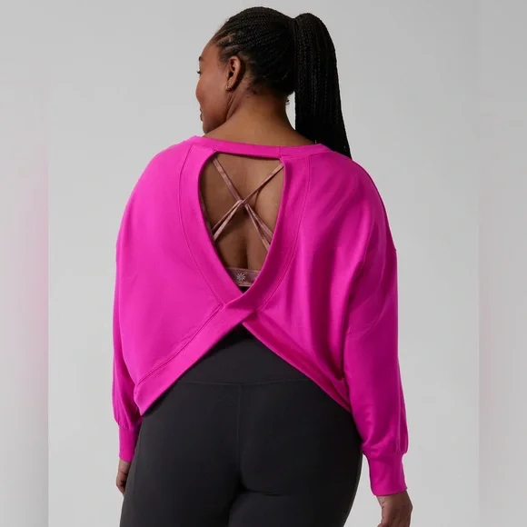 Athleta Savasana Twist Back Cropped Crewneck  Electric Fuchsia Pink - Large - Picture 2 of 8